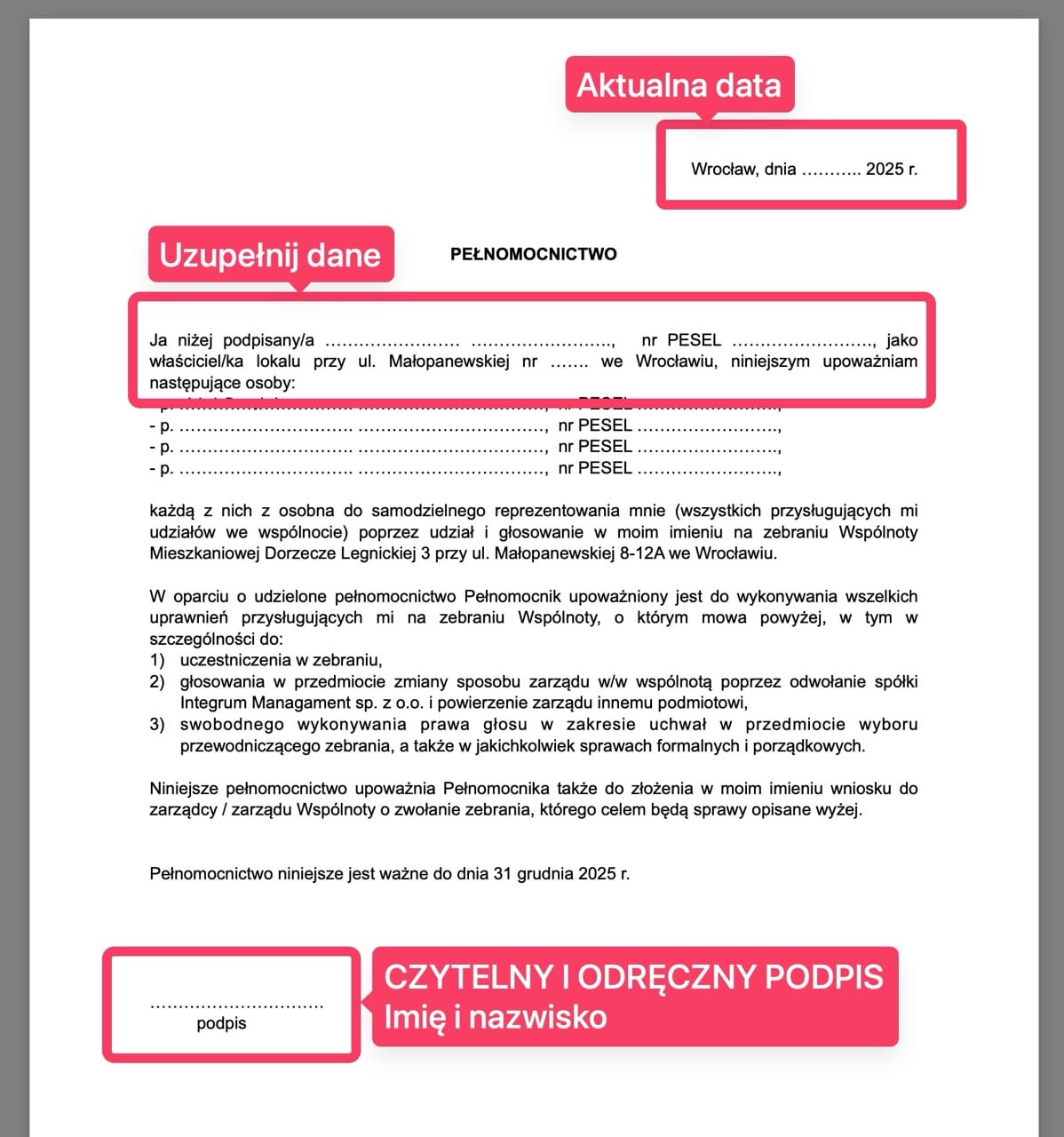 jak uzupełnić pełnomocnictwo
